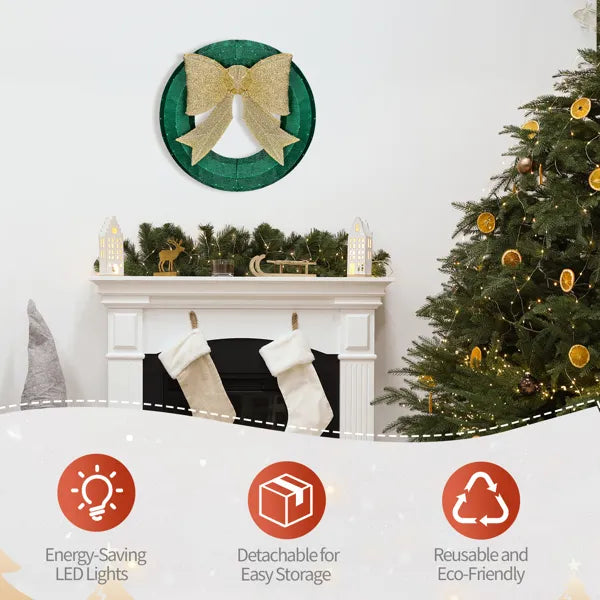 24in Pre-lit Outdoor Christmas Wreath Decoration, Lighted Metal Wreath With Golden Bow, Green And Warm White LED Lights - view 9