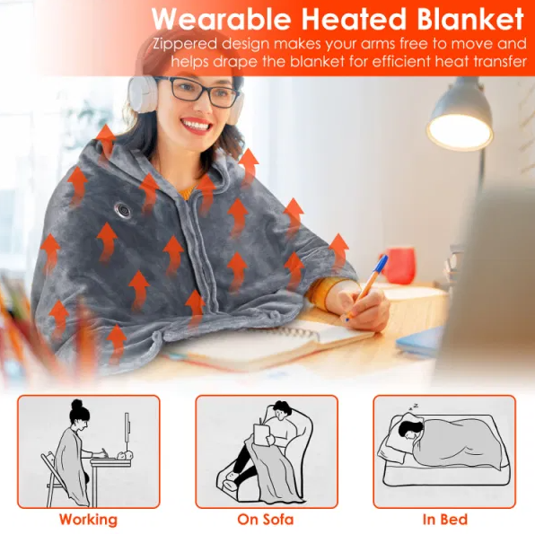 59 Plus 31in USB Heated Blanket Electric Heated Blanket Heated Poncho Shawl Wrap Throw With Zipper Washable For Home - view 7