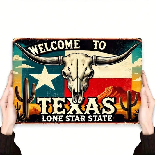 Vintage Texas Welcome Sign 8x12 Inch Aluminum Wall Decor, Rustic Bull Skull & Cactus 2D Flat Metal Plaque For Home - view 2