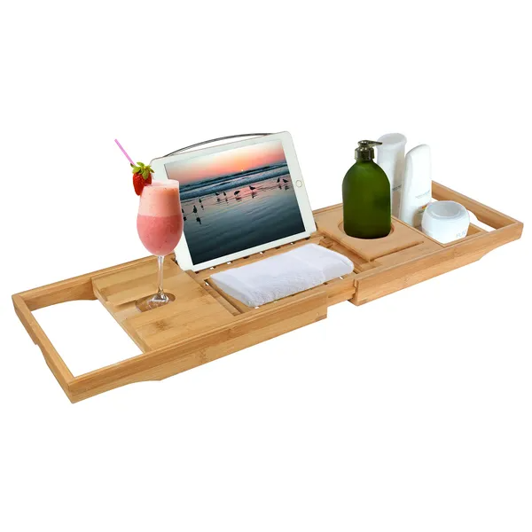 Bathtub Caddy Tray Crafted Bamboo Bath Tray Table Extendable Reading Rack Tablet Phone Holder For Valentines'S Day - view 4