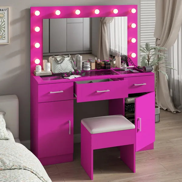 Vanity Desk Set with Large Lighted Mirror and Powre Outlet, Glass Top Makeup Vanity with 3 Drawers and 2 Cabinets - view 10