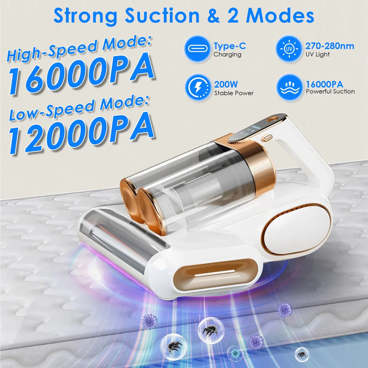 1Pc Mattress Vacuum Cleaner 16Kpa Bed Vacuum Cleaner Handheld Vacuums With Ultrasonic & UVC Light 18000 RPM Brushroll - view 4