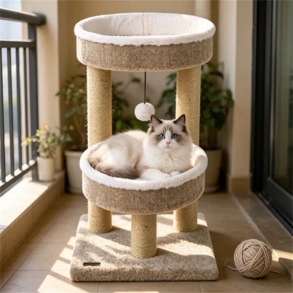 24 Inch Compact Cat Tree With 2 Plush Perches, Jute Rope Scratching Posts & Hanging Toy Ball