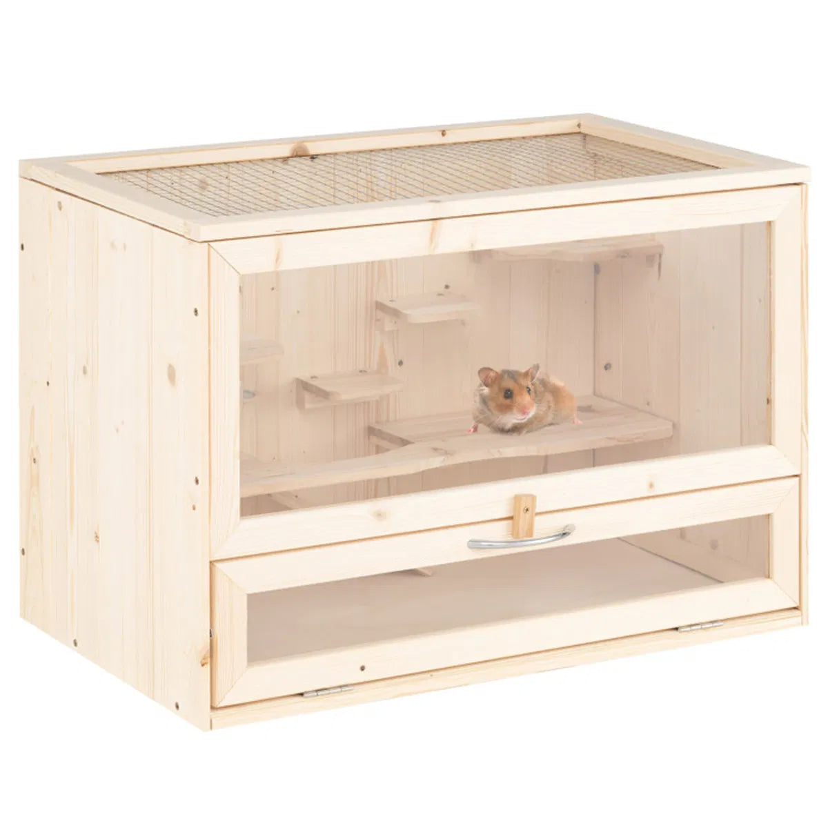 Fir Wood Hamster Cage with Flip Roof, Multi-Ladder Activity Areas for Guinea Pigs Hedgehogs - view 2