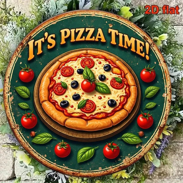 1pc 2D Flat Round Sign Pizza Time Retro, "Decorative Plaque 8x8in" Delicious Pizza - view 5