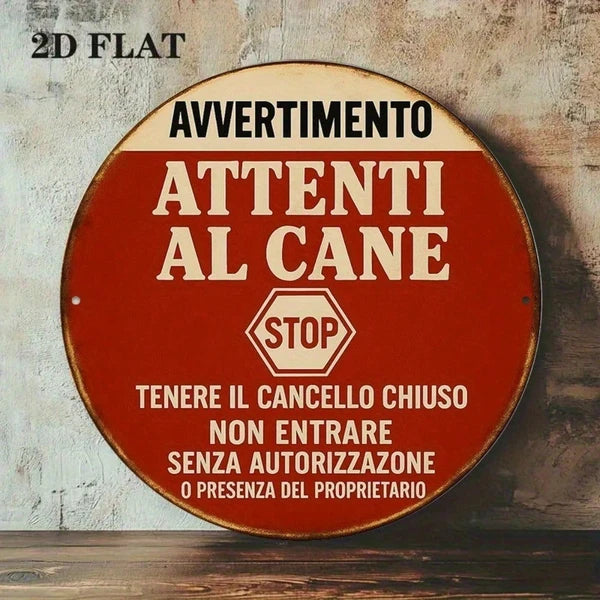 1pc Vintage Italian "Beware Of Dog" Warning Sign, 8-Inch Round Metal Plaque With Stop Symbol & Dog Icon - view 5