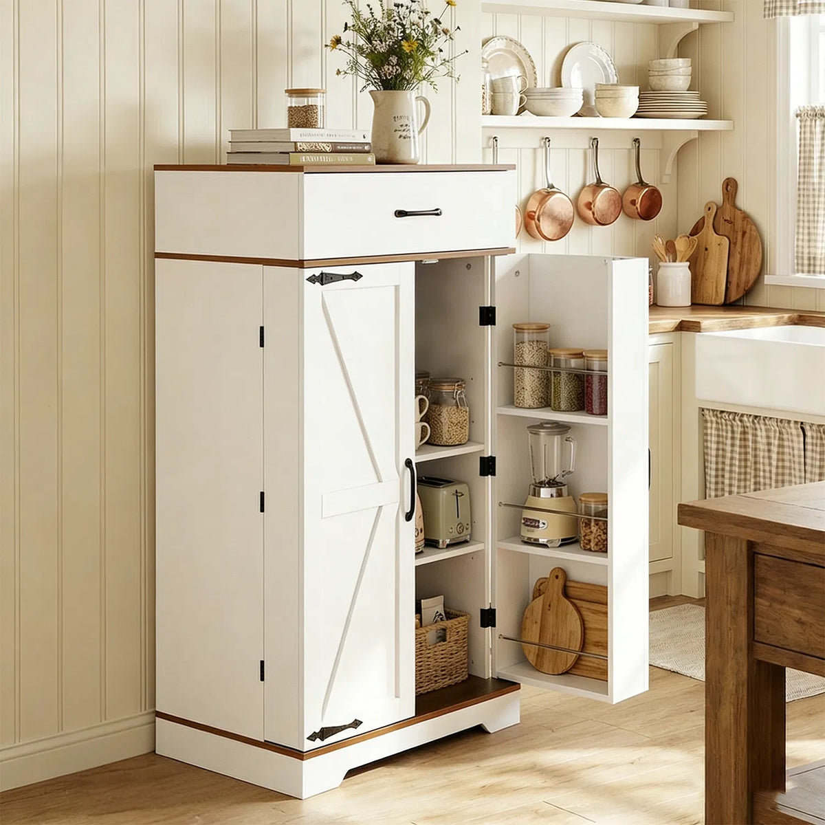 Farmhouse Kitchen Pantry Cabinet - 472" Tall Wood Kitchen Storage Cabinets with Adjustable Shelves Barn Style Doors