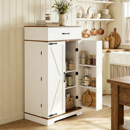 Farmhouse Kitchen Pantry Cabinet - 472" Tall Wood Kitchen Storage Cabinets with Adjustable Shelves Barn Style Doors