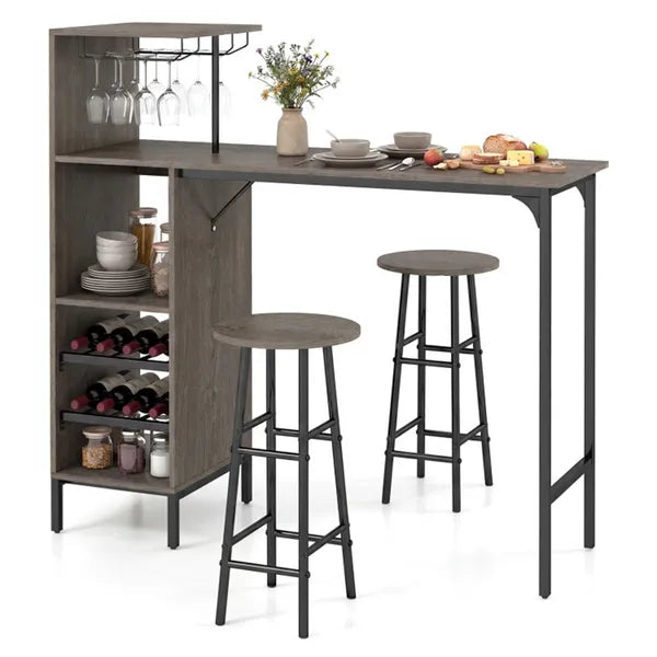 3PCS Bar Table & Stools Set, Wine Storage (6 Bottles + Wine Glass Holder), Oak