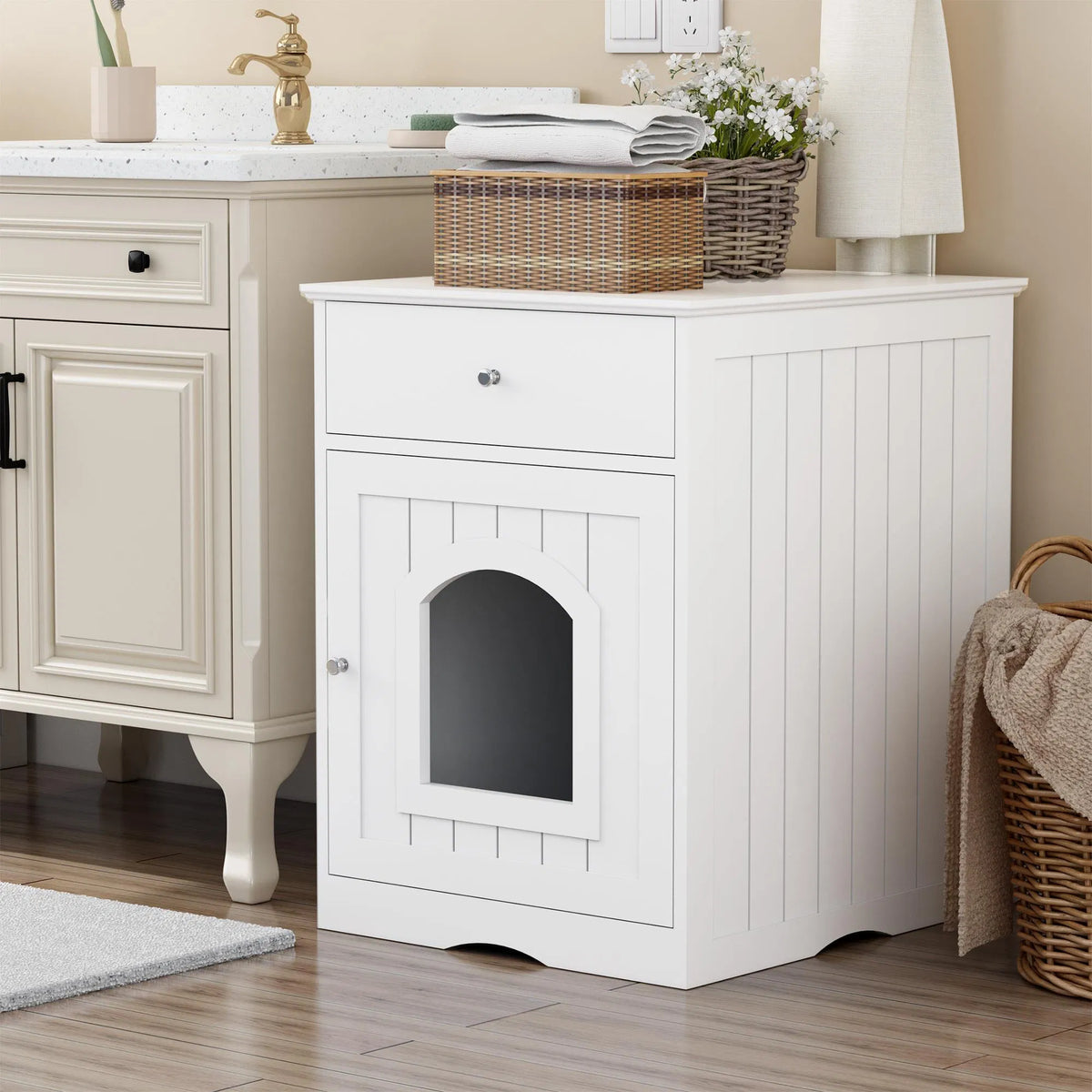 Wooden Pet House Cat Litter Box Enclosure with Drawer, Side Table, Indoor Pet Crate, Cat Home Nightstand (White) - view 5