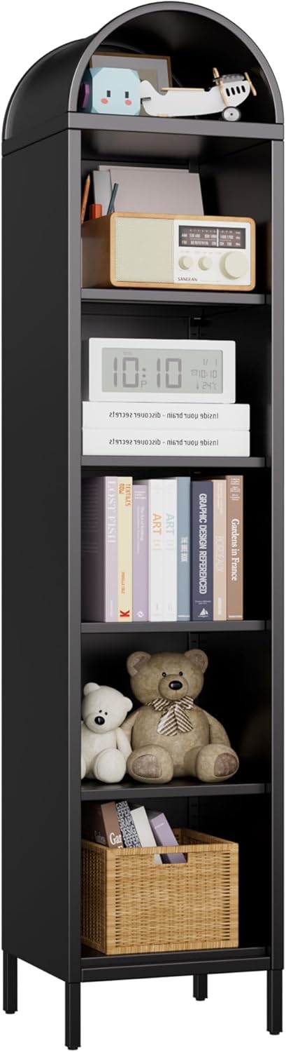 Narrow Arched Bookshelf,6-Tier Metal Arch Bookcase,Freestanding Storage Organizer With 4 Shelves