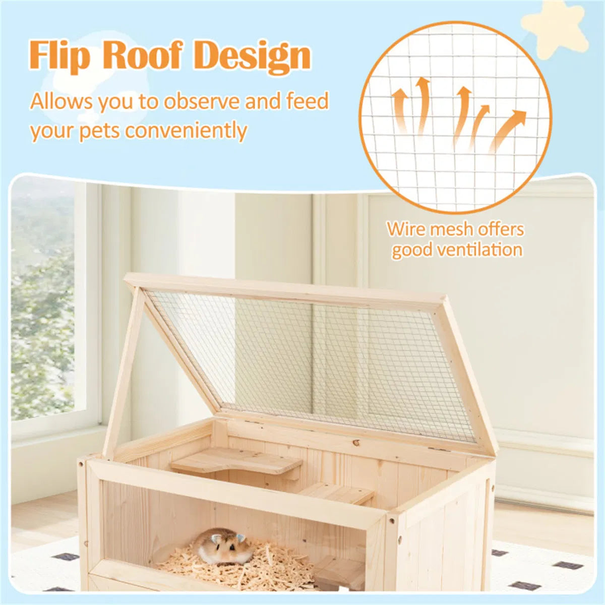 31.5 " Fir Wood Hamster Cage with Flip Mesh Roof, Multi-Level Activity Areas & Bottom Storage Shelf - view 8