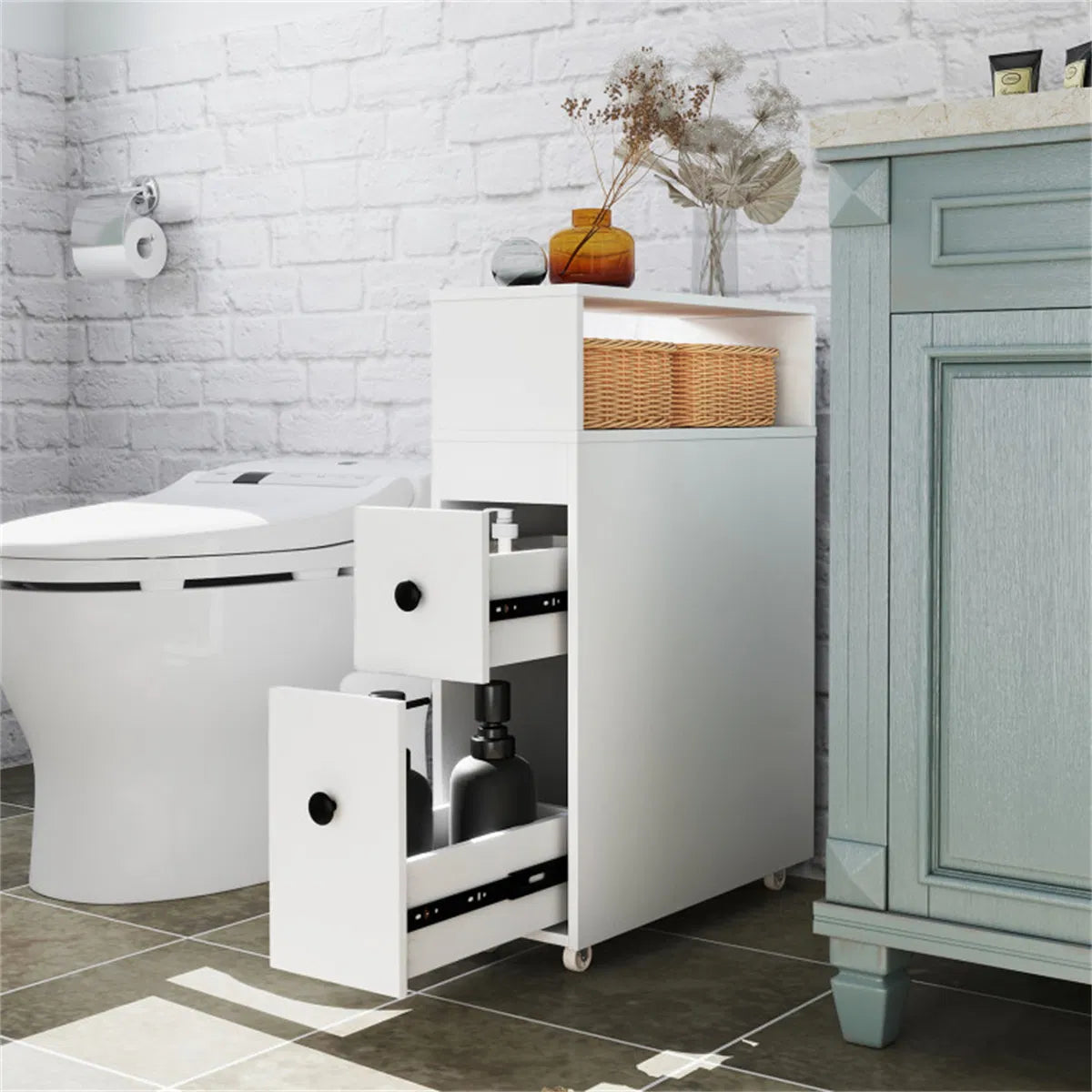 Slim White Bathroom Storage Cabinet (20" x7.5" x28.5") - Fits Tight Spaces (Tub-Toilet Gap) - view 8