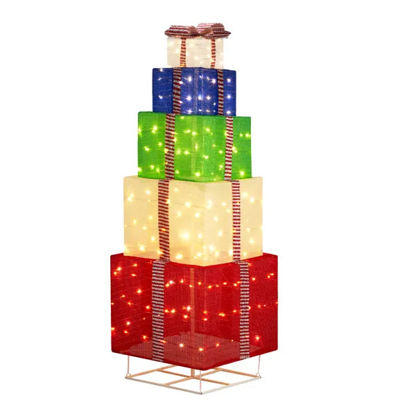 6FT Lighted Gift Box Tower, Pre-lit Pull Up Present Boxes with 200 LED Warm White Lights and Ropes Stakes for Christmas - view 5