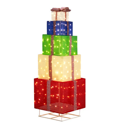 6FT Lighted Gift Box Tower, Pre-lit Pull Up Present Boxes with 200 LED Warm White Lights and Ropes Stakes for Christmas - view 5