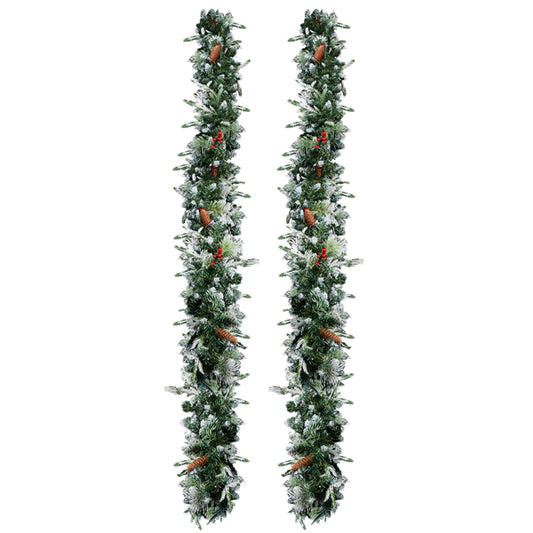 2 Pack 9FT Pre-lit Snow Flocked Christmas Garland, Lighted Artificial Xmas Garland With 200 Warm Lights And 440 Tips