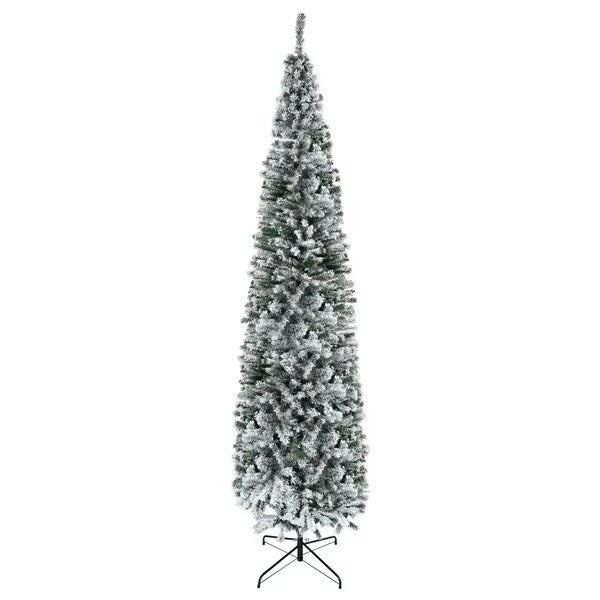 9ft Flocked Christmas Tree, Pencil Christmas Tree With Realistic Branch Tips, Folding Metal Stand, Green - view 5
