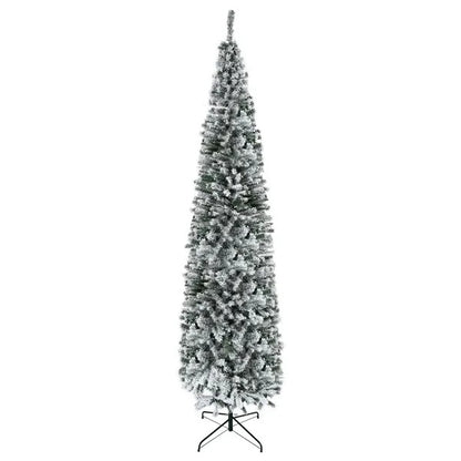 9ft Flocked Christmas Tree, Pencil Christmas Tree With Realistic Branch Tips, Folding Metal Stand, Green - view 5