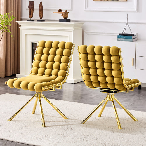 Set Of 2 Yellow Puffy Bubble Chair Ball Chain Chair Velvet Dining Chairs With Gold Legs - view 4
