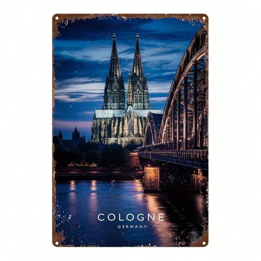 Vintage Cologne Cathedral Metal Sign 8x12 Inch, Iron Bridge Night Scene Wall Art