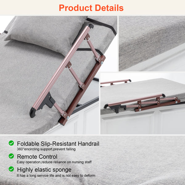 4-68° Upgraded Lifting System Electric Adjustable Bed Backrest with Collapsible Safety Rails, Remote Control - view 3
