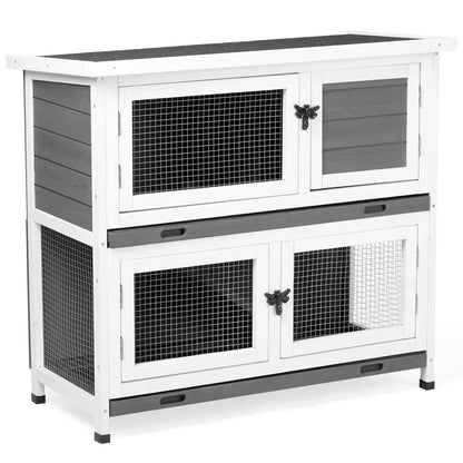 2 Story Solid Wood Rabbit Hutch Bunny Cage with 2 Large Main Rooms, Indoor Outdoor Rabbit House Guinea Pig Cage Pet