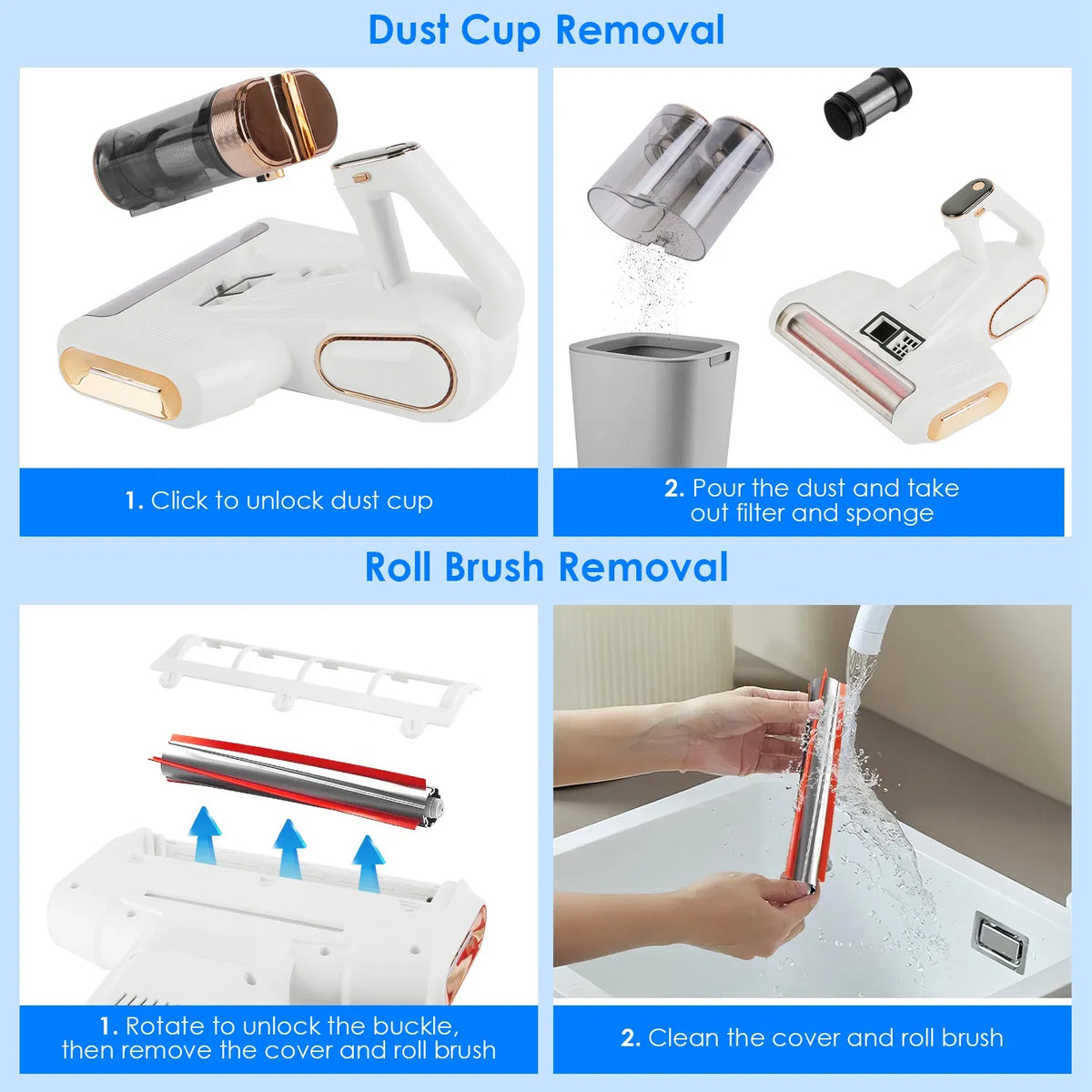 1Pc Mattress Vacuum Cleaner 16Kpa Bed Vacuum Cleaner Handheld Vacuums With Ultrasonic & UVC Light 18000 RPM Brushroll - view 9