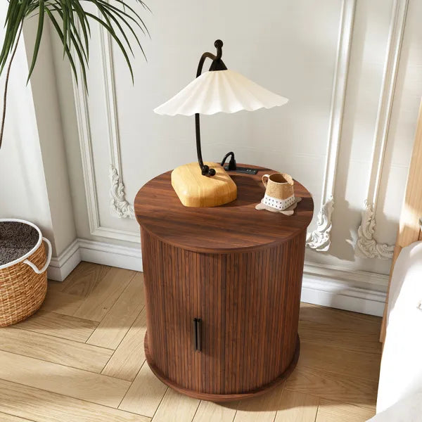 Mid Century Modern Cylinder End Table With Built-in Charging Station & Sliding Door - view 4