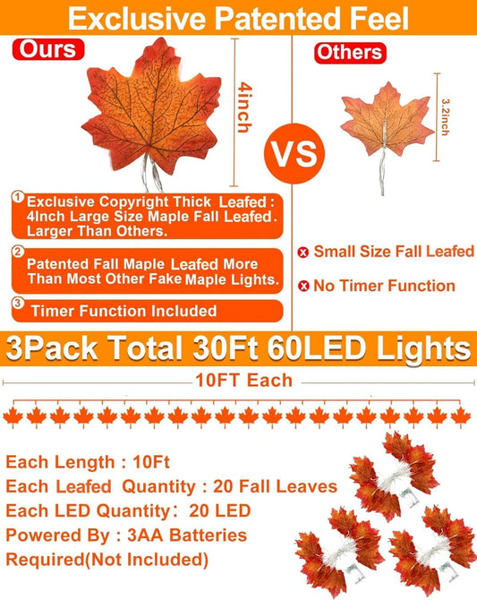 Timer & 3 Pack - 30Ft Fall Garland Fall Decorations for Home 60 LED Leafed Lights Patented Realistic Maples Leafed - view 2
