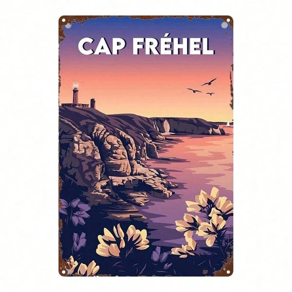 1pc Vintage French Landscape Metal Sign, Cap Frehel Lighthouse Sunset 2D Flat Wall Art