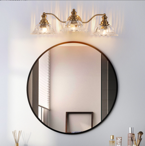 24 Inch 3-Light Vintage Bathroom Wall Sconce - Elegant Golden Metal And Glass Lampshade Vanity Light Fixture - view 7