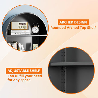 Metal Arched Bookcase With Wheels, Modern Freestanding Black Arch Storage Cabinets For Home Office Bookshelf Living Room - view 9