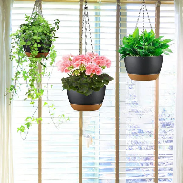4Pcs 9.64In Diameter Hanging Planter With Drainage Holes Removable Self-Watering Tray Plastic Hanging Flower Plant Pots - view 9