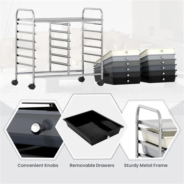 12-Drawer Rolling Storage Cart - 2-Row 10-Storey, Multicolor Drawers, 4 Wheels (2 Brake), -Gray - view 2