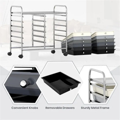12-Drawer Rolling Storage Cart - 2-Row 10-Storey, Multicolor Drawers, 4 Wheels (2 Brake), -Gray - view 2