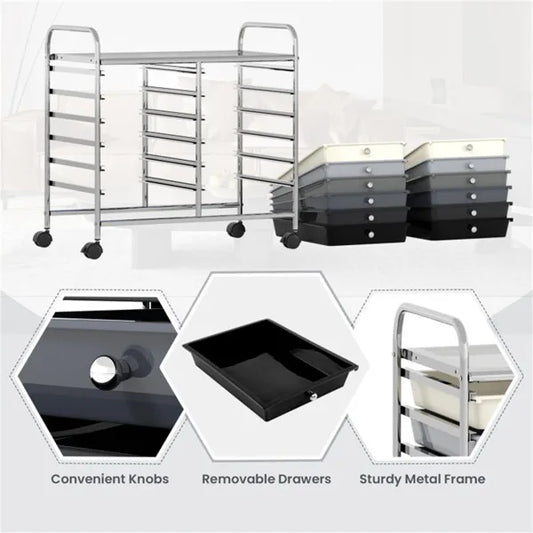 12-Drawer Rolling Storage Cart - 2-Row 10-Storey, Multicolor Drawers, 4 Wheels (2 Brake), -Gray - view 2