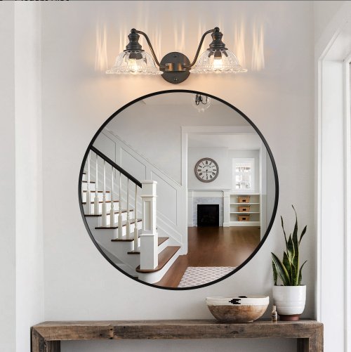 20 Inch 2-Light Vintage Bathroom Wall Sconce - Elegant Black Metal And Glass Lampshade Vanity Light Fixture - view 8