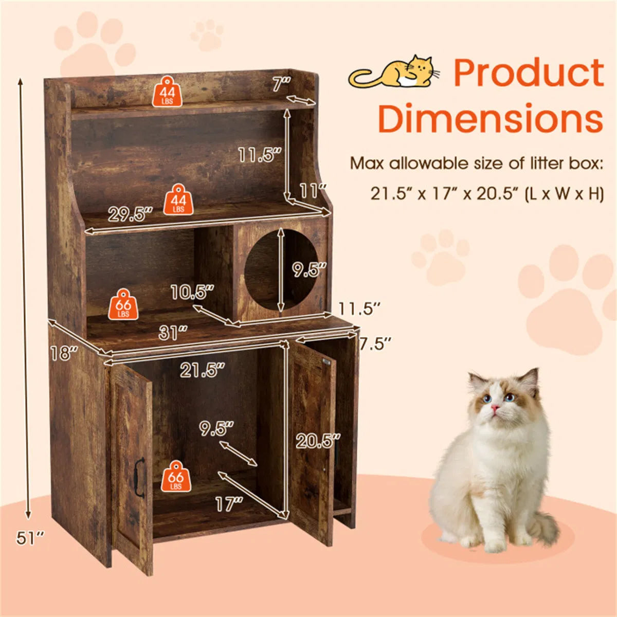 Wooden Hidden Cat Litter Box Enclosure with Storage Shelves Anti-Toppling Design Industrial Style Brown - view 10