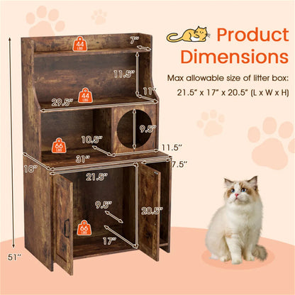 Wooden Hidden Cat Litter Box Enclosure with Storage Shelves Anti-Toppling Design Industrial Style Brown - view 10