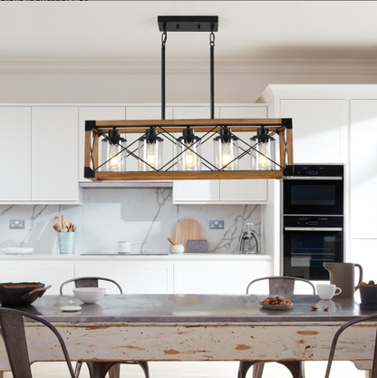32 Inch Walnut Industrial Farmhouse Rectangle Pendant Light, 5-Light Chandelier With Lampshades For Dining Room