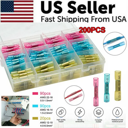 200PCS Heat Shrink Butt Wire Splice Connectors Seal Crimp Terminals USA