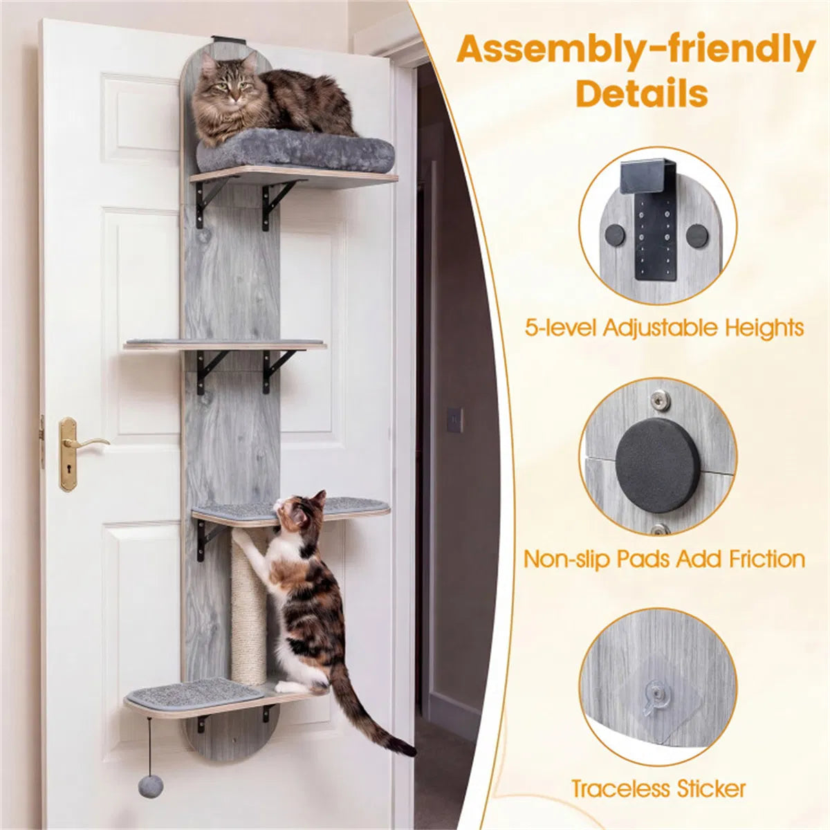Door Hanging Cat Tree 5-Level Height Adjustable 4-Tier Climber No-Drill for Apartment Grey - view 9