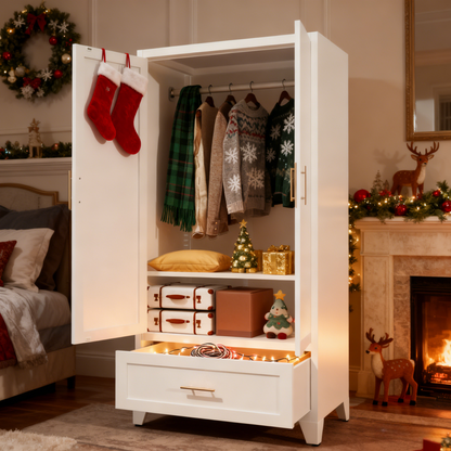 60inch Tall Metal Wardrobe Cabinet With 1 Drawer And Hanging Rod, 2 Doors Wardrobe Closet With Shelf For Bedroom