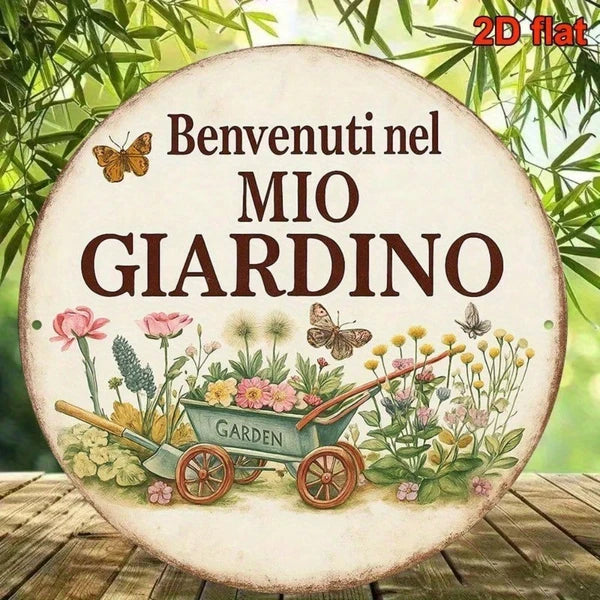 Vintage Welcome To My Garden Sign Italian Language, 8x8 Inch Round French Aluminum Plaque - view 4