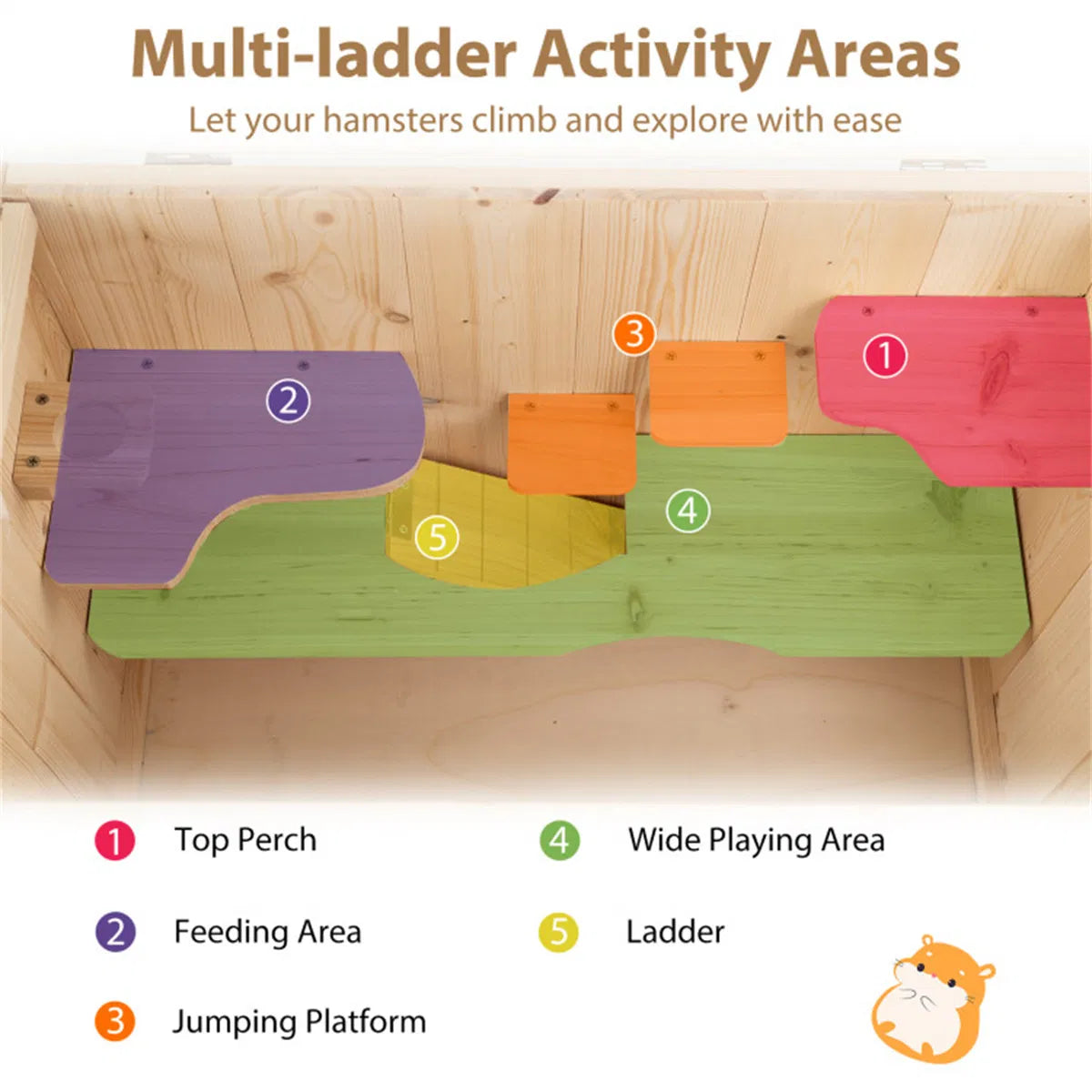 Fir Wood Hamster Cage with Flip Roof, Multi-Ladder Activity Areas for Guinea Pigs Hedgehogs - view 8