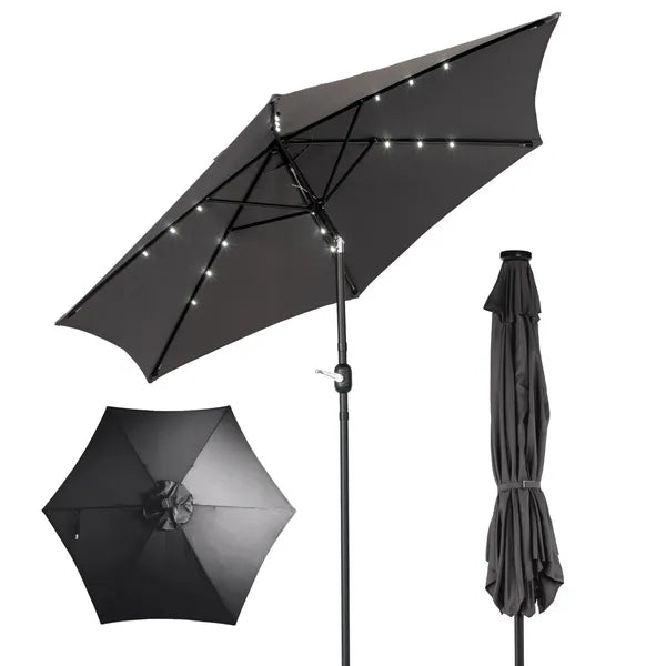 9ft Solar LED Patio Umbrella With Push Button Tilt & Crank, 6 Ribs Waterproof Polyester Outdoor Market Table Umbrella