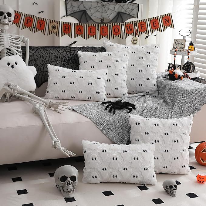 Halloween Pillow Covers 18x18 Inch White Ghost Throw Pillow Cases Soft Plush Couch Cushion Case For Chair Sofa Bedroom - view 2