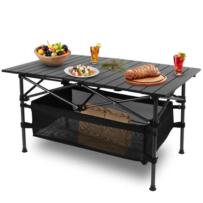 220 Lb Capacity Foldable Camping Table Aluminum Top & Steel Frame With Mesh Basket Portable BBQ Picnic Beach Table - view 7