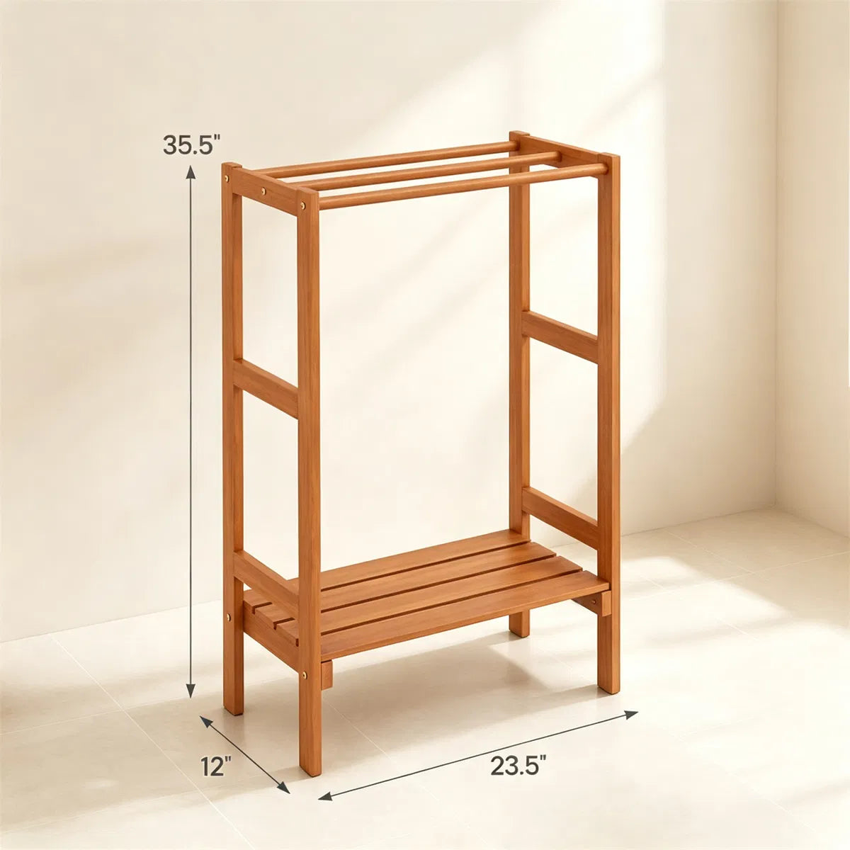 Natural Hardwood Towel Rack, Freestanding Blanket Stand with 3 Hanging Bars & Bottom Storage Shelf - view 6