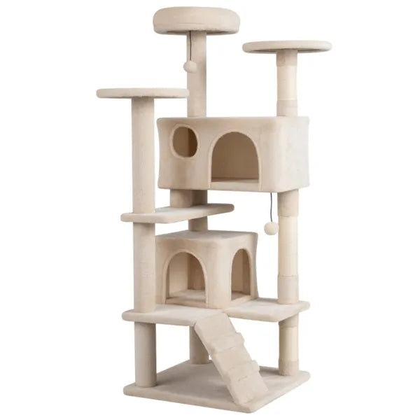 52" Tall Cat Tree Tower With Perches & Condos, Multi-Cat Playground With Scratching Posts (Beige) - view 4